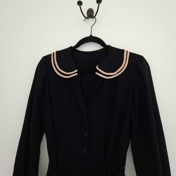 Albert Nipon Vintage Black With Cream Pleated Skirt Long Ruffled Sleeve Dress - Picture 4 of 15